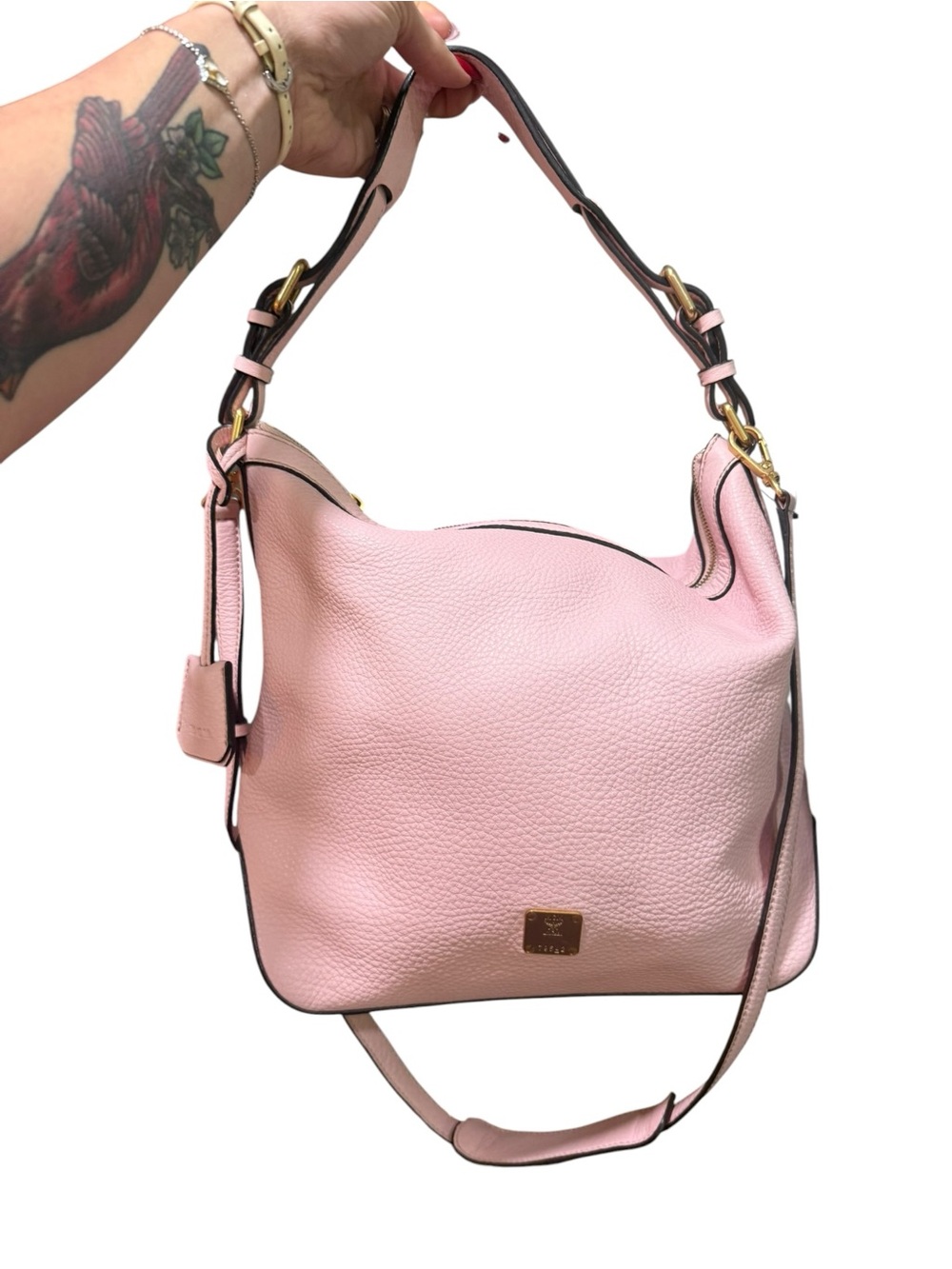 MCM Blush Pink Pebbled Leather Hobo Crossbody Bag Gold Hardware Dust Bag - Picture 6 of 16